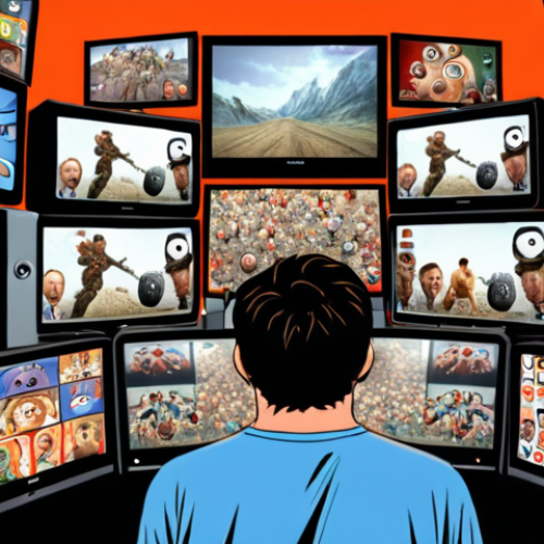 **

A chaotic scene depicting the "battle" for viewer attention. Include visuals representing traditional TV, short-form videos, social media feeds, and various OTT platforms, all vying for a single pair of eyeballs. Emphasize the feeling of being overwhelmed by choices, creating a sense of demand exceeding supply. The overall mood should be frantic and competitive.

**