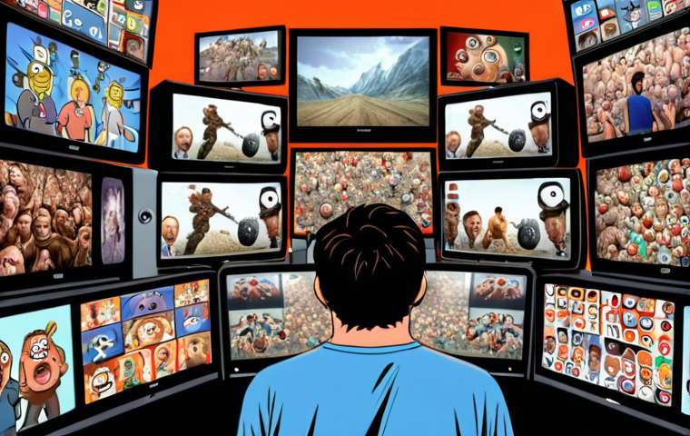 **

A chaotic scene depicting the "battle" for viewer attention. Include visuals representing traditional TV, short-form videos, social media feeds, and various OTT platforms, all vying for a single pair of eyeballs. Emphasize the feeling of being overwhelmed by choices, creating a sense of demand exceeding supply. The overall mood should be frantic and competitive.

**