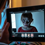 **A child watching an OTT platform on a tablet, with faint, disturbing imagery (e.g., shadowy figures, slightly violent scene) reflected in their eyes. Emphasis on the contrast between innocent child and potentially harmful content.**