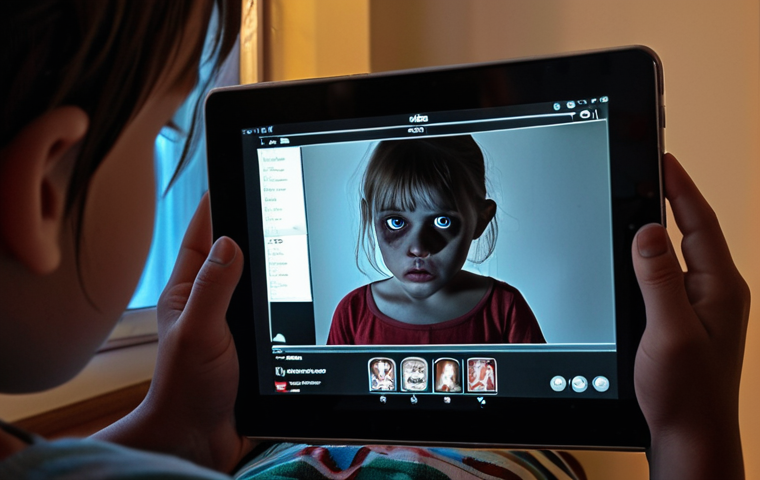 **A child watching an OTT platform on a tablet, with faint, disturbing imagery (e.g., shadowy figures, slightly violent scene) reflected in their eyes. Emphasis on the contrast between innocent child and potentially harmful content.**