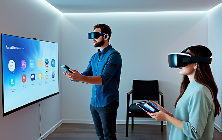 A diverse group of adults, fully clothed in modern, modest attire, experiencing advanced personalized digital content. They wear sleek, futuristic AR/VR headsets and interact with holographic interfaces in a minimalist, ambiently lit living space. One person engages with a floating digital display showing educational content, while others enjoy personalized entertainment streams. The scene conveys seamless human-technology integration and a highly adaptive content experience. safe for work, appropriate content, fully clothed, professional, perfect anatomy, correct proportions, natural pose, well-formed hands, proper finger count, natural body proportions, high detail, professional photography, cinematic lighting.