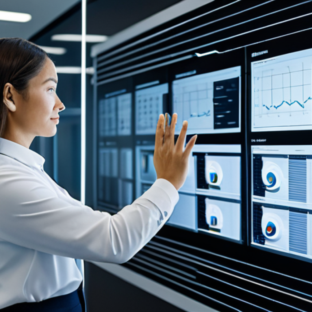 A focused tech executive, fully clothed in professional business attire, interacting with a vast, transparent display that illustrates real-time data flows and personalized content recommendations. The modern, minimalist office environment is bathed in soft, intelligent lighting. She holds a natural pose, reflecting deep engagement with the advanced AI-driven interface. Modest clothing, appropriate attire, safe for work, appropriate content, professional, family-friendly, perfect anatomy, correct proportions, well-formed hands, proper finger count, natural body proportions, high-quality, professional photography.