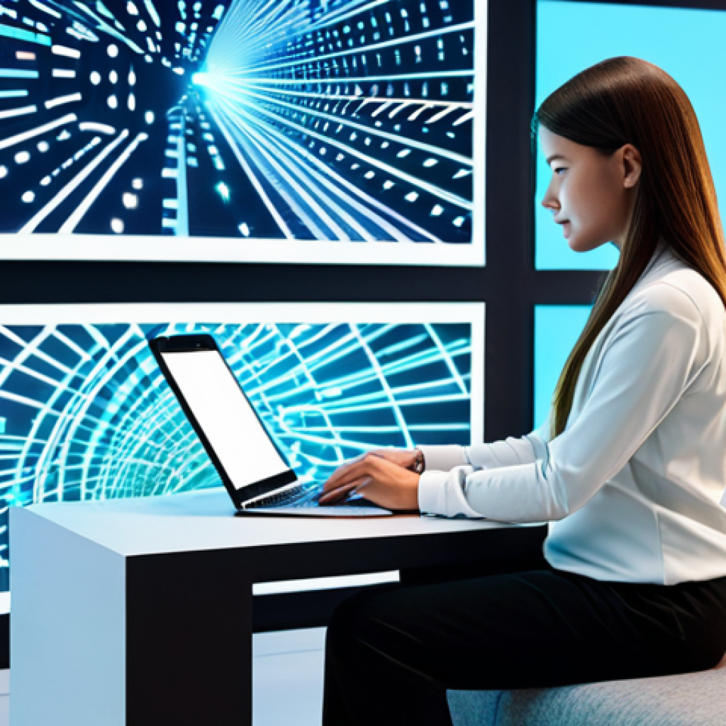 A modern individual, fully clothed in modest, contemporary smart casual attire, sitting comfortably in a bright, modern living space. They are surrounded by multiple glowing digital screens (a laptop, a tablet, and a smartphone) displaying various content streams, each tailored to their implied preferences. Subtle, abstract digital patterns and glowing lines float around the screens, symbolizing data flow and personalized AI algorithms at work. The image has perfect anatomy, correct proportions, natural pose, well-formed hands, proper finger count, natural body proportions, professional photography, high quality, safe for work, appropriate content, fully clothed, family-friendly.