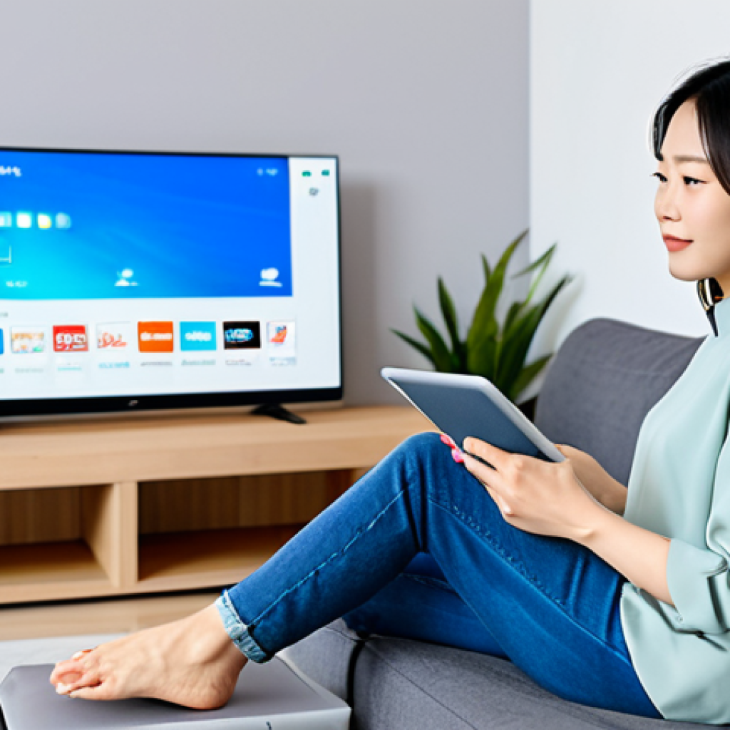 Modern Woman Streaming**
"A modern Chinese woman in a fully clothed, modest outfit (e.g., casual top and jeans), comfortably sitting on a sofa in a brightly lit living room, holding a tablet and watching a streaming service. The background features a clean, minimalist design with a smart TV mounted on the wall. Safe for work, appropriate content, perfect anatomy, natural proportions, professional, family-friendly, high resolution."
**