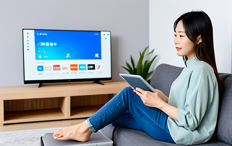 Modern Woman Streaming**

"A modern Chinese woman in a fully clothed, modest outfit (e.g., casual top and jeans), comfortably sitting on a sofa in a brightly lit living room, holding a tablet and watching a streaming service. The background features a clean, minimalist design with a smart TV mounted on the wall.  Safe for work, appropriate content, perfect anatomy, natural proportions, professional, family-friendly, high resolution."

**