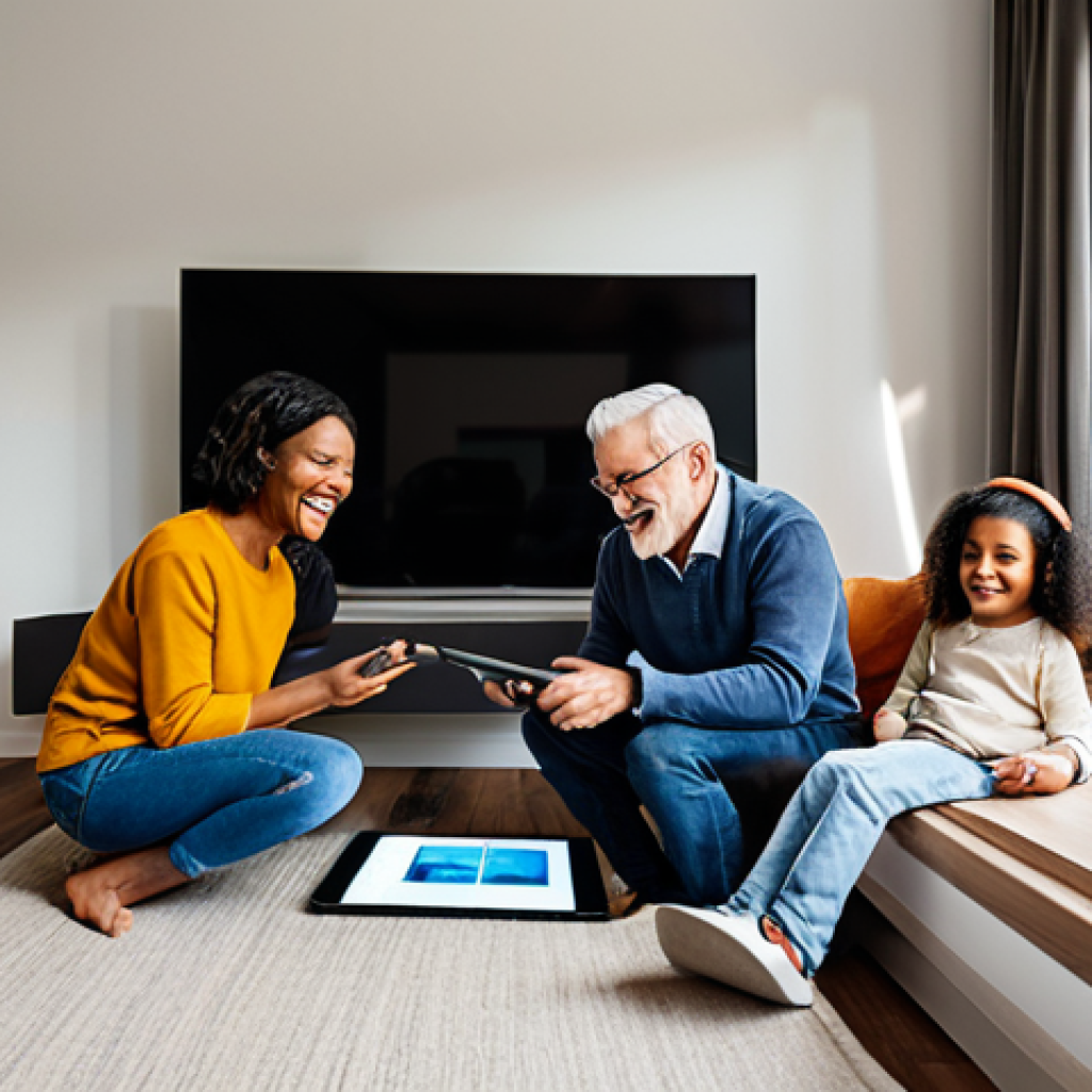 **Image:** A diverse group of people (various ages and ethnicities) are watching content on different devices (tablet, phone, TV) with smiles. The scene suggests a comfortable home environment.
**Prompt:** "A family-friendly scene of diverse people enjoying an OTT platform on various devices in a modern living room, fully clothed, appropriate attire, safe for work, demonstrating the broad appeal of streaming services, perfect anatomy, natural proportions, professional, high quality."