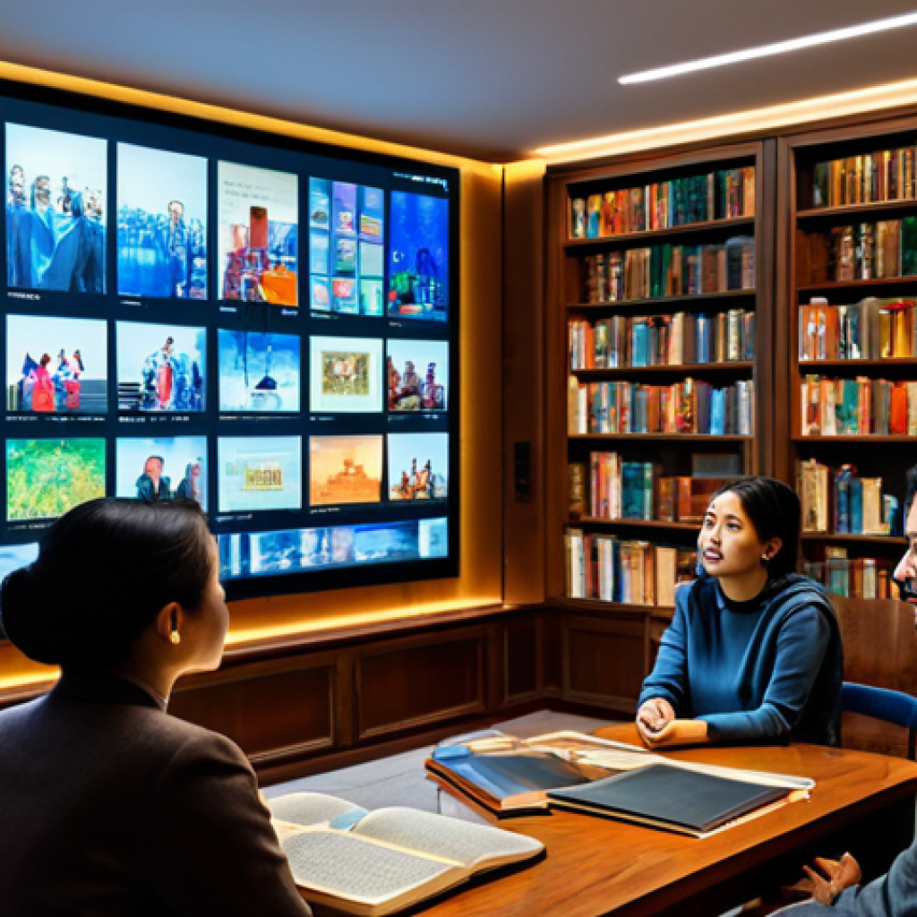 OTT 콘텐츠의 문화적 다변화 - **A diverse group of people from around the world are watching a large screen displaying various cul...