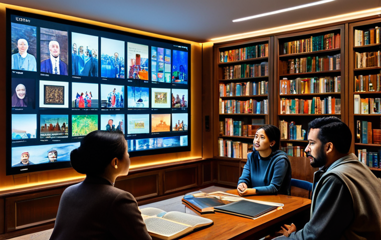 OTT 콘텐츠의 문화적 다변화 - **A diverse group of people from around the world are watching a large screen displaying various cul...