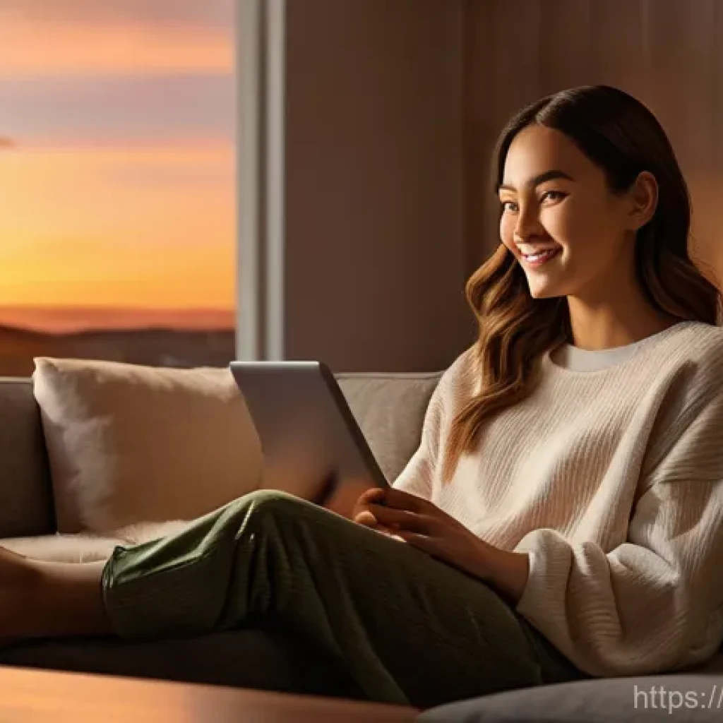 OTT 유료 서비스의 장점 - **Prompt:** A cozy, modern living room at dusk, bathed in warm ambient lighting. A young woman, in h...