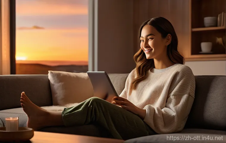 OTT 유료 서비스의 장점 - **Prompt:** A cozy, modern living room at dusk, bathed in warm ambient lighting. A young woman, in h...