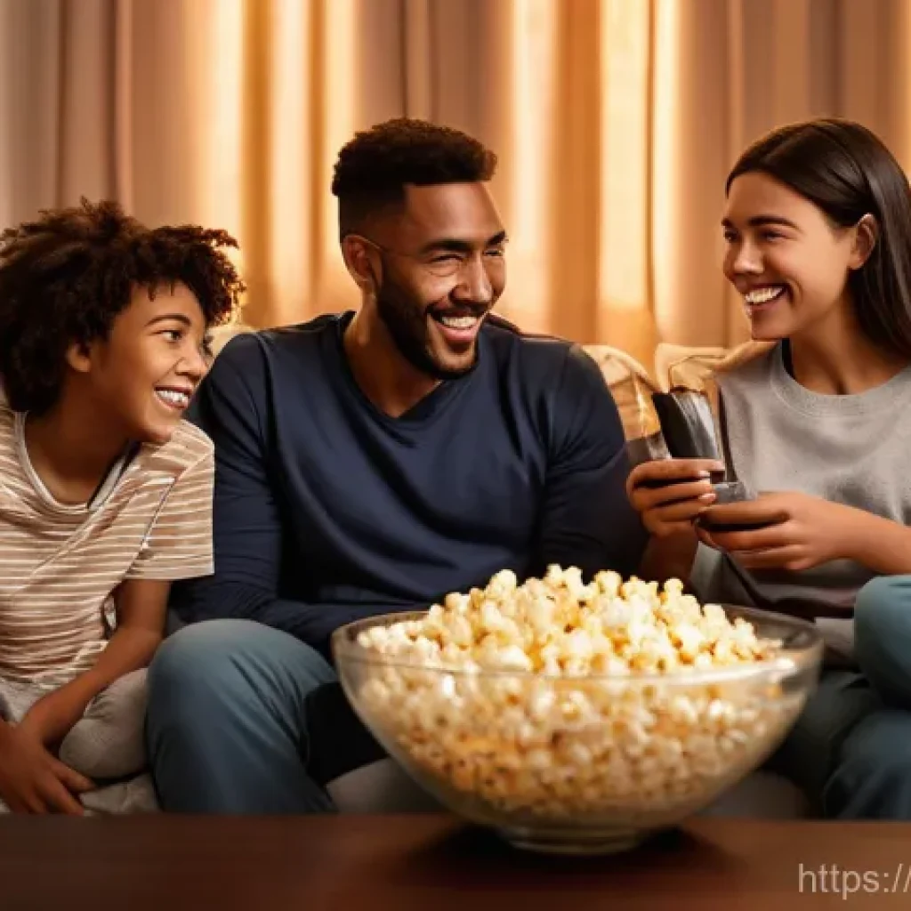 OTT 플랫폼별 이용 가이드 - **Prompt 1: Cozy Family Movie Night at Home**
A diverse family of four (a mother, a father, a gi...