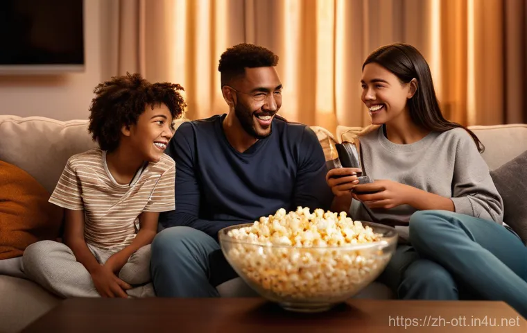 OTT 플랫폼별 이용 가이드 - **Prompt 1: Cozy Family Movie Night at Home**
    A diverse family of four (a mother, a father, a gi...