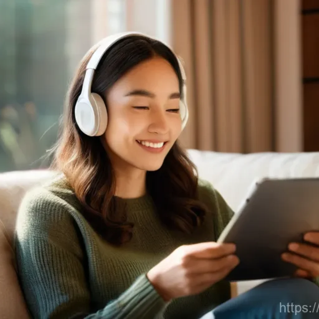 OTT와 시각 장애인 지원 기능 - **Prompt:** A cozy, inviting scene of a visually impaired young woman (20-30 years old) with stylish...