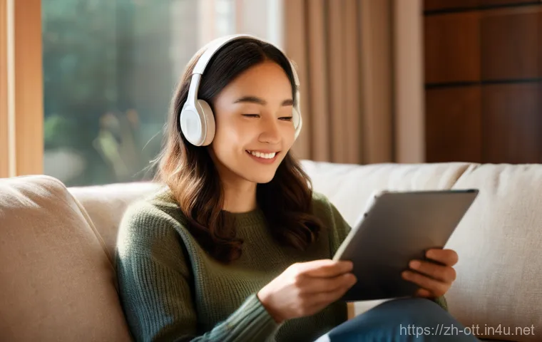 OTT와 시각 장애인 지원 기능 - **Prompt:** A cozy, inviting scene of a visually impaired young woman (20-30 years old) with stylish...