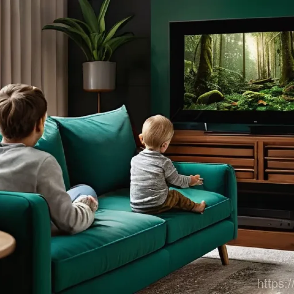 OTT와 5G 활용 - **Prompt:** A modern and cozy living room bathed in warm, soft lighting. A diverse family of three –...