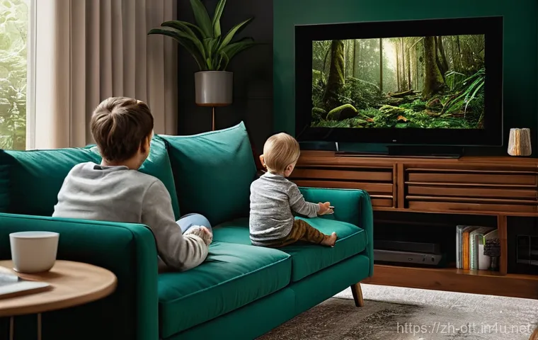 OTT와 5G 활용 - **Prompt:** A modern and cozy living room bathed in warm, soft lighting. A diverse family of three –...