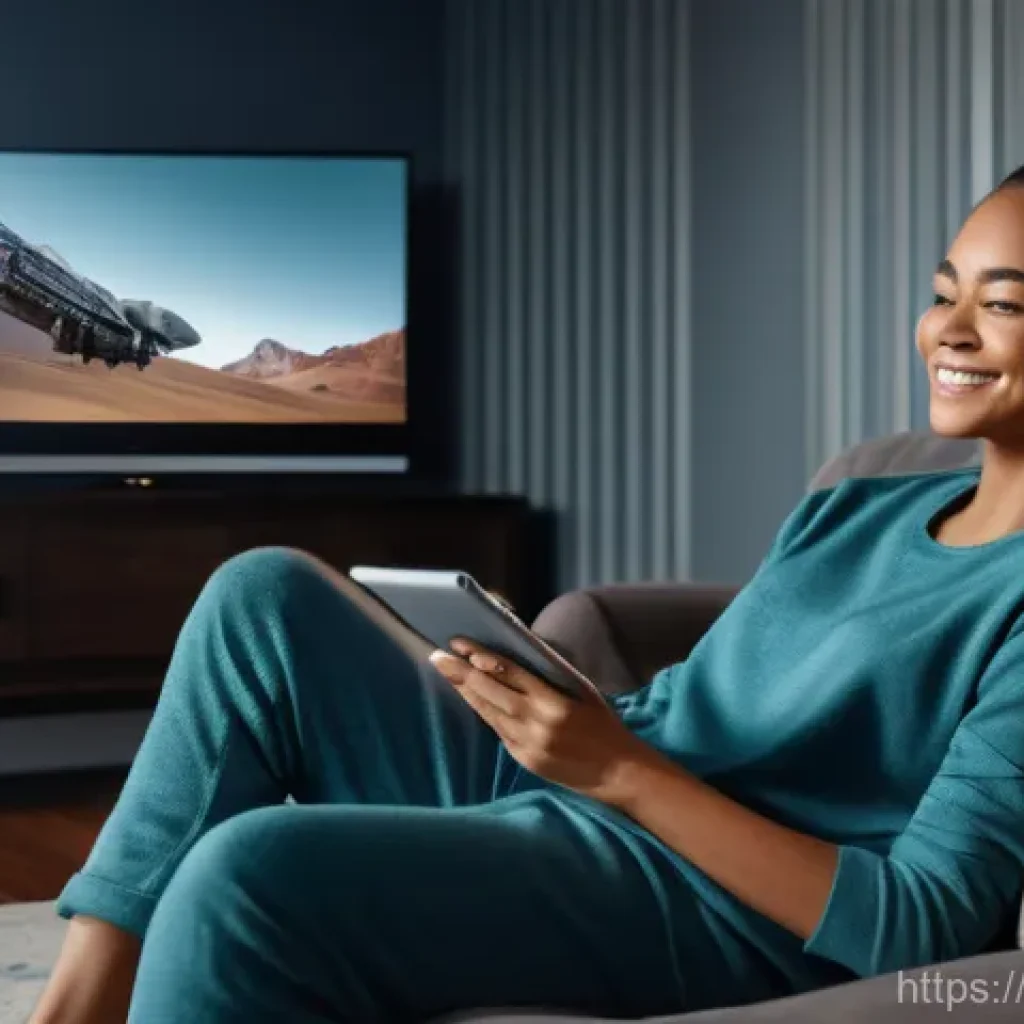 OTT 콘텐츠 독점작 - A cozy, modern living room bathed in soft, inviting light. A young adult (20s-30s, wearing comfortab...