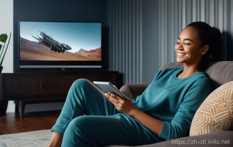 OTT 콘텐츠 독점작 - A cozy, modern living room bathed in soft, inviting light. A young adult (20s-30s, wearing comfortab...