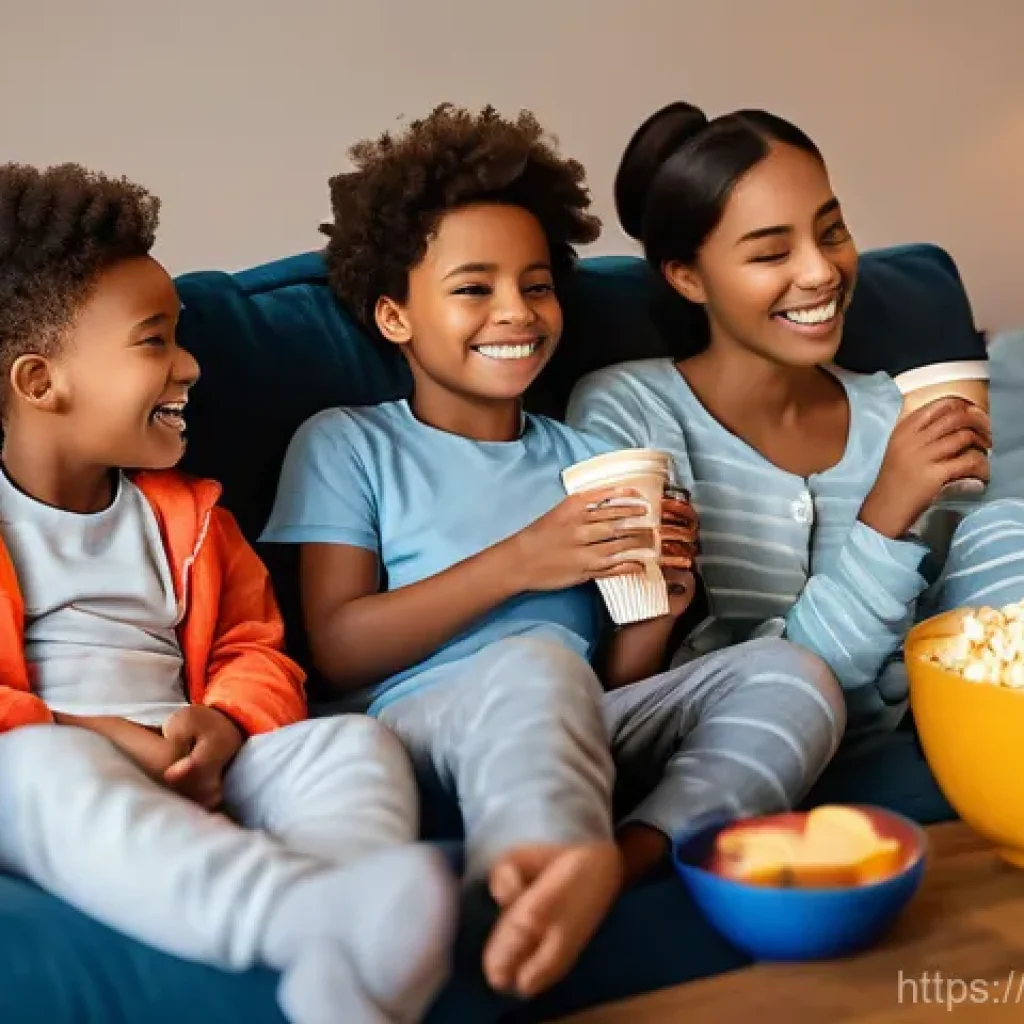 OTT 플랫폼 성공 사례 분석 - **Prompt:** A cozy family movie night in a warm, inviting living room. Parents and two children (a b...