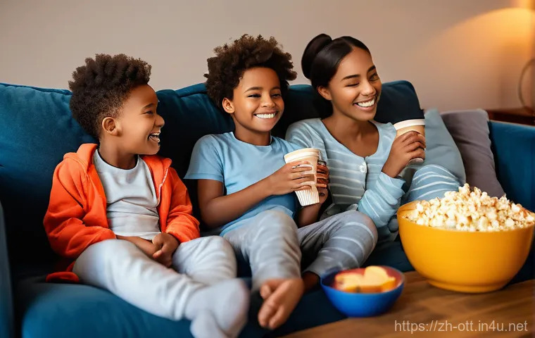 OTT 플랫폼 성공 사례 분석 - **Prompt:** A cozy family movie night in a warm, inviting living room. Parents and two children (a b...