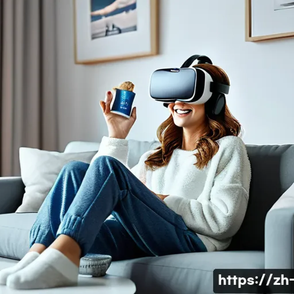 OTT와 가상 현실 영화 - **Prompt:** A cozy living room scene. A young woman wearing comfortable pajamas and fuzzy socks is s...