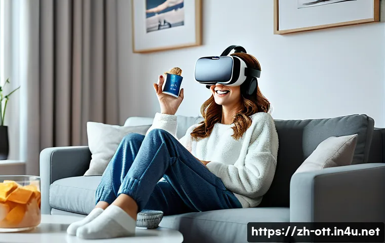 OTT와 가상 현실 영화 - **Prompt:** A cozy living room scene. A young woman wearing comfortable pajamas and fuzzy socks is s...