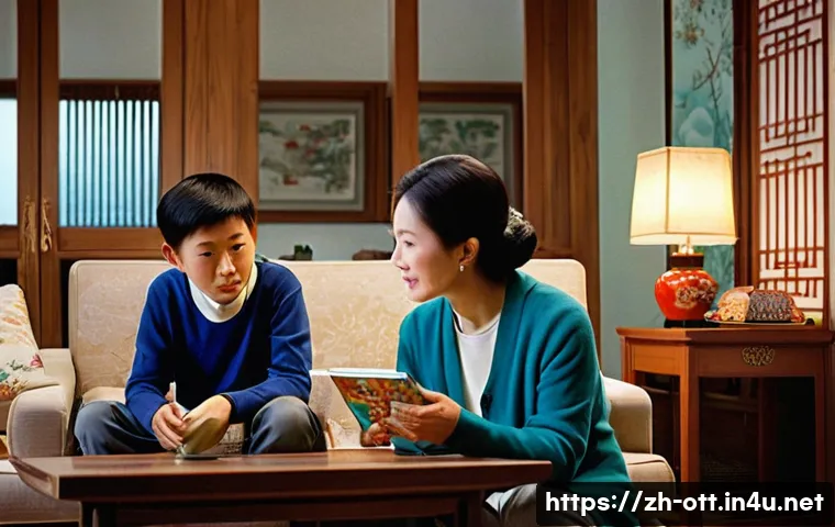 OTT와 TV의 공존 - **Prompt**: A vivid split image contrasting two distinct eras of family entertainment in a cozy Chin...